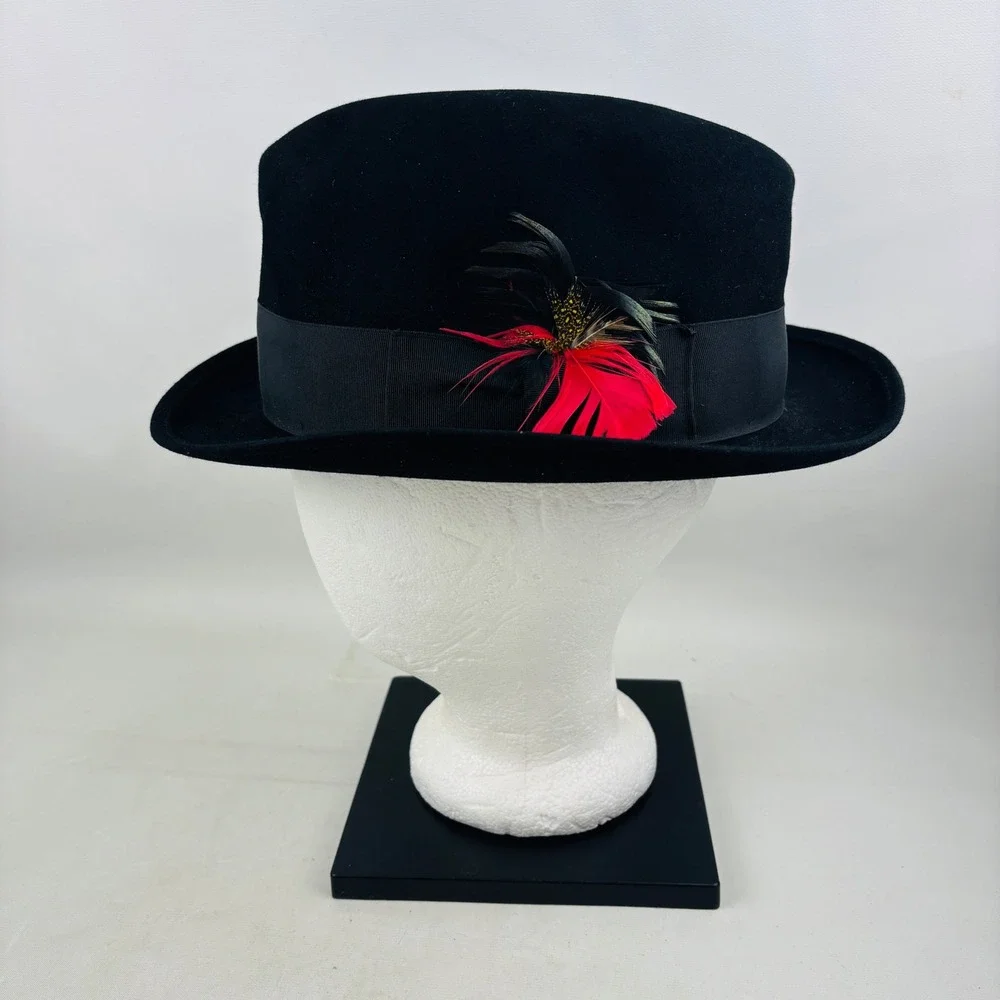 Vintage Royal Stetson Feather Fedora Hat Mens Size 7 1/2 Black Felt